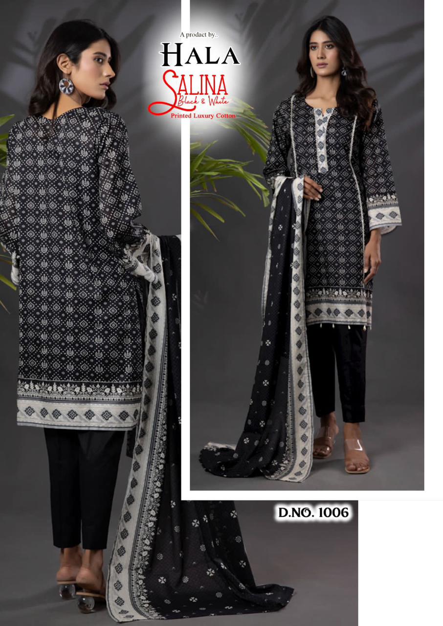 Hala Salina Black And White Cotton Dress Material Catalog
